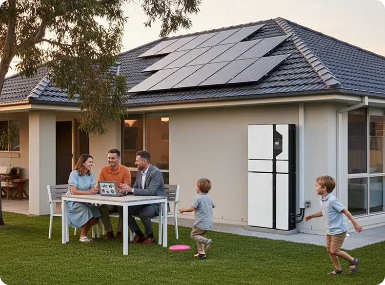 Backyard family consultation beside home fitted with rooftop solar panels and an advanced solar battery storage system.