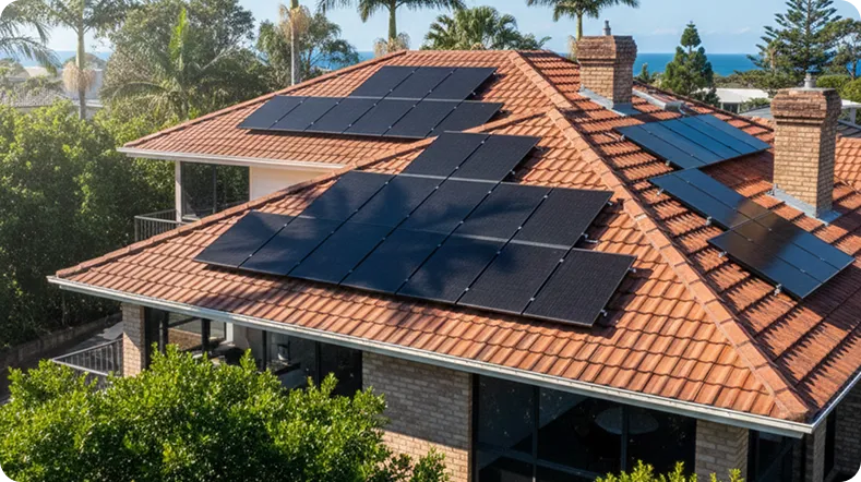 Gold Coast home with black solar panels showing common solar installation mistakes like overcrowded layouts, shading issues, and lack of future readiness.