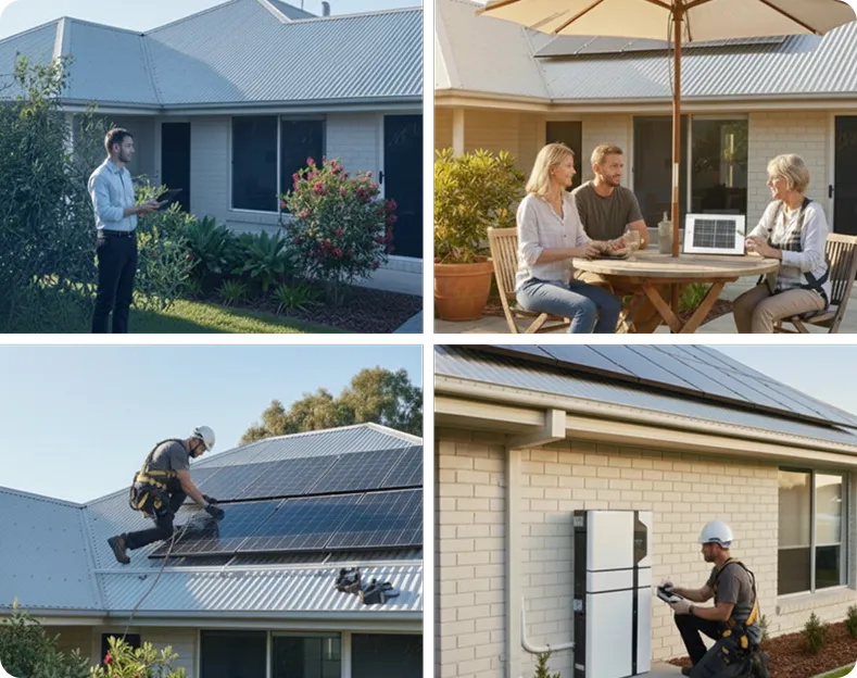 Professional solar installation process at an Australian home, showing solar assessment, rooftop solar panel installation, family consultation, and home battery system setup for reliable residential solar energy solutions.