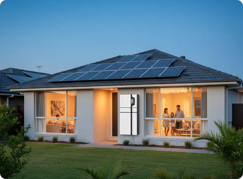 Sunshine Coast home with rooftop solar panels and solar battery system, showcasing residential solar energy storage for Australian households.