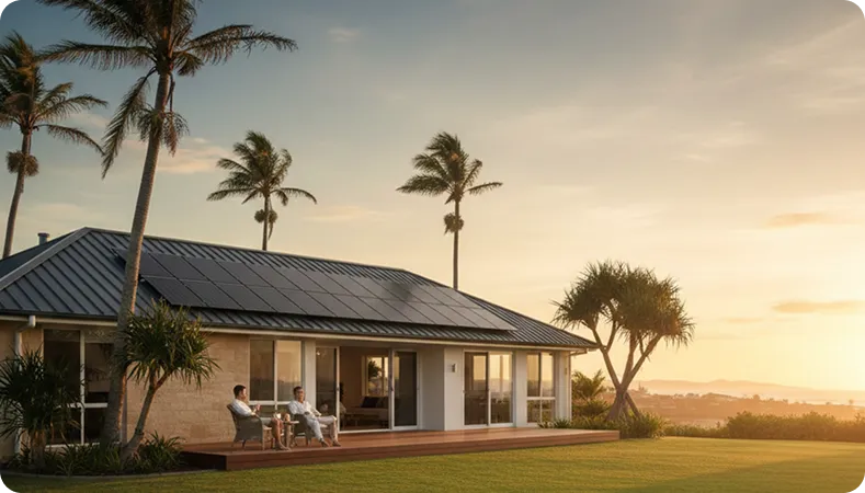 Aesthetic Gold Coast home with rooftop solar panels in warm coastal sunlight, representing smart and future-ready energy for coastal living.