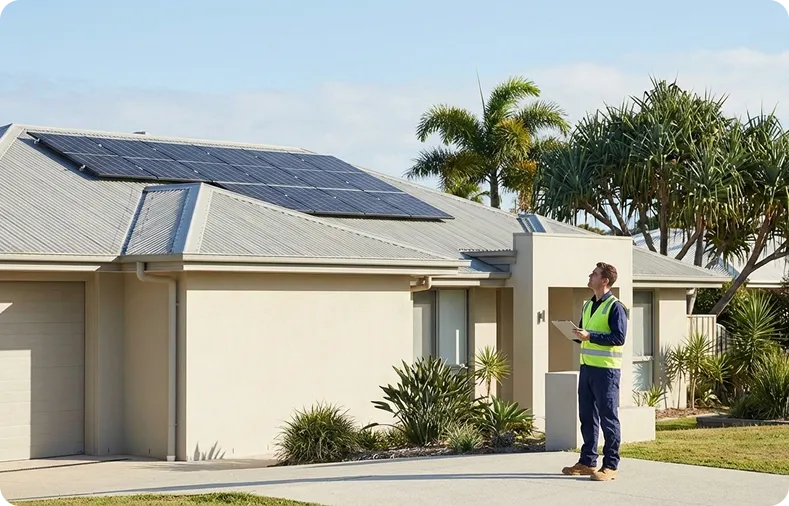 Solar technician reviewing system details on a tablet while inspecting rooftop solar panels on a Gold Coast home, representing a quality-focused solar installation process.