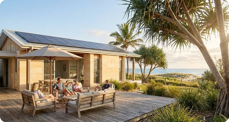 Coastal Australian home with rooftop solar panel installation, featuring a family relaxing outdoors and showcasing sustainable solar energy designed for beachfront living.