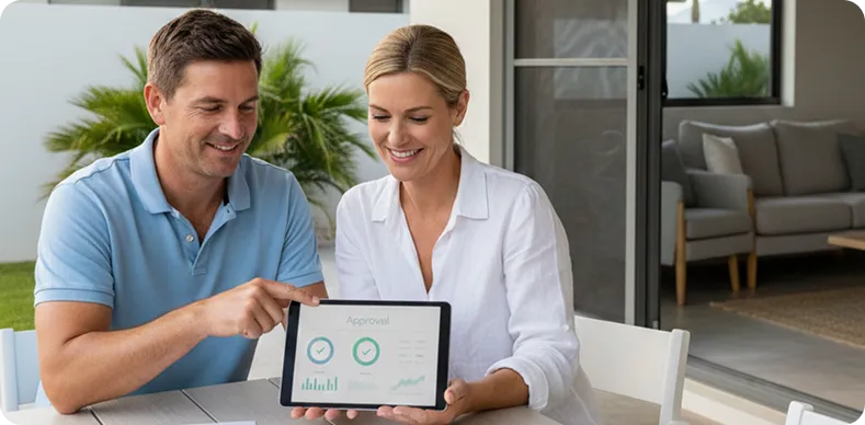 Gold Coast homeowners reviewing solar rebate eligibility on a tablet with black solar panels installed on their home.