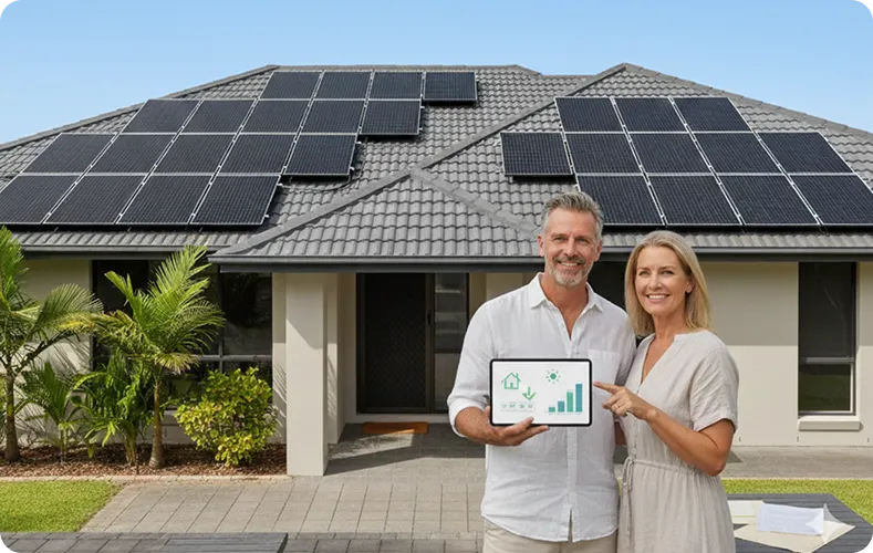 Townsville homeowners standing in front of a house with black solar panels, reviewing solar savings and rebates on a tablet.