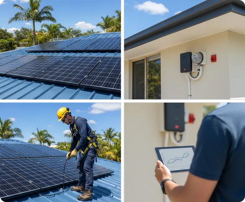 Residential solar system installation in Townsville showing rooftop solar panels, compliant inverter setup, professional mounting and wiring, and real-time system monitoring