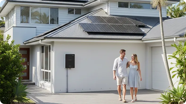 Gold Coast home with black solar panels and battery-ready setup, designed for future energy upgrades.