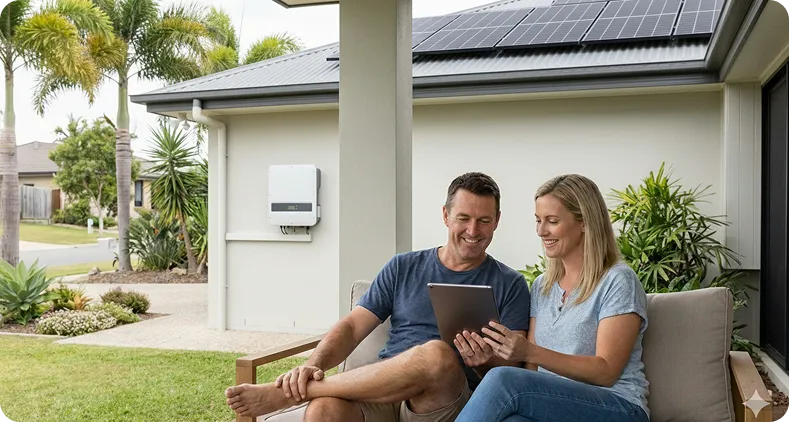 Gold Coast homeowner monitoring solar system performance on a tablet after installation, with black solar panels visible on the roof.