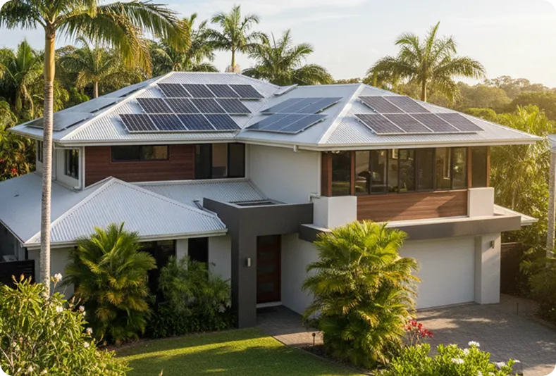 Townsville home with black solar panels under strong tropical sunlight, showing ideal conditions for year-round solar energy generation in North Queensland.