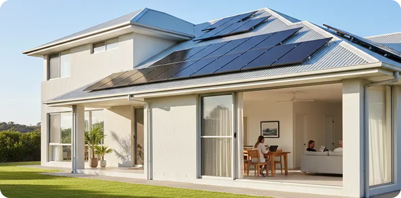Gold Coast home with rooftop solar panels under strong Queensland sunlight, demonstrating why the local climate supports reliable, high-output solar energy.