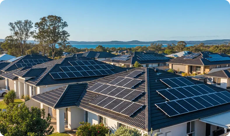 Aerial view of a residential neighbourhood with rooftop solar panel installations, showcasing widespread adoption of solar energy in coastal Australia.