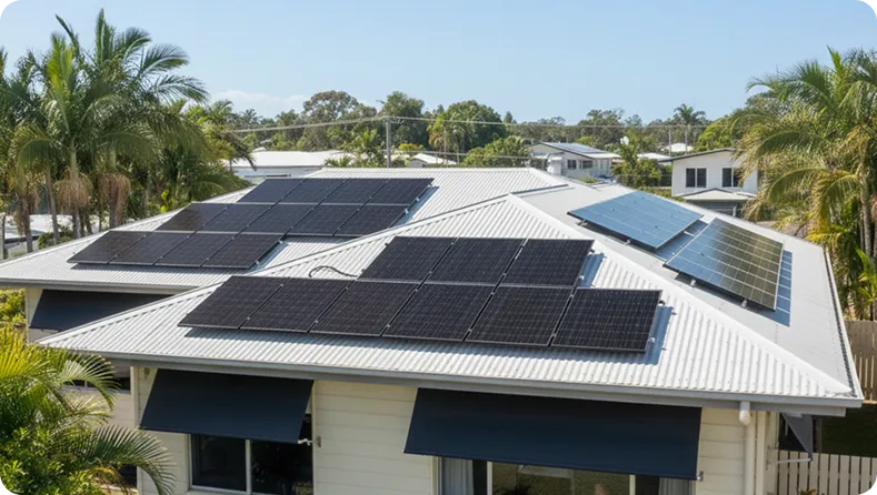 Townsville home with black solar panels generating high solar output, showing lower energy bills and reliable power in North Queensland conditions.