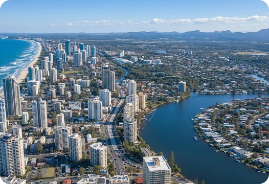 Aerial view of Gold Coast skyline with coastal beach and waterways, Queensland, Australia