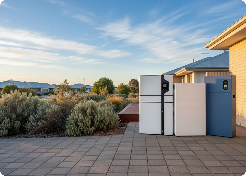 Home battery storage systems installed at a Western Australian suburban home, showcasing residential solar battery solutions for WA residents