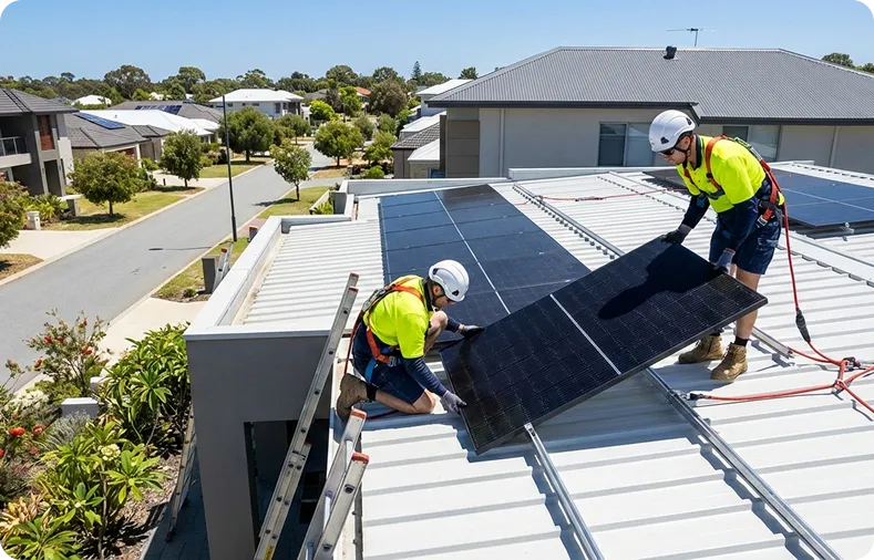 Professional solar installers fitting black rooftop panels on a modern Perth home, showing safe, high-quality installation work.