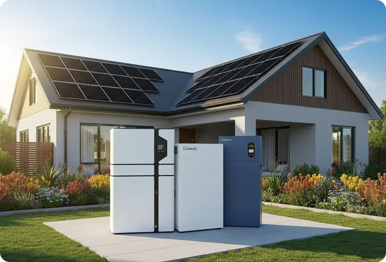 Modern Perth home with rooftop black solar panels and three standalone solar battery units displayed in the garden.