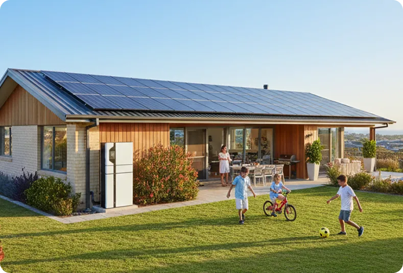 Western Australia family home with rooftop solar panels and home battery system providing reliable, low-cost energy for WA households