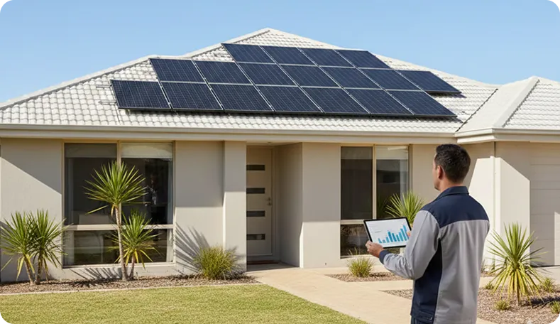 Solar panels installed on a Perth home under strong Western Australian sunlight, showing a professionally designed solar package.