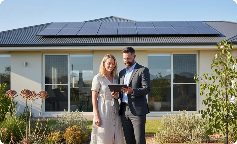 Western Australian homeowners reviewing solar savings in front of a modern home with rooftop solar panels installed, highlighting solar rebates and incentives available in WA.