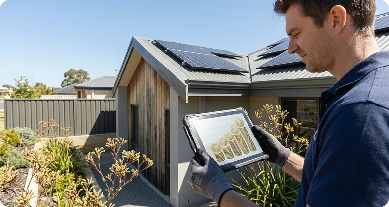 A man standing outside a modern Perth home with rooftop solar panels, holding a tablet showing increasing savings represented by stacked Australian coins.
