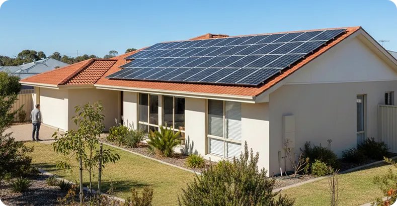 Black solar panels installed on a Perth home under strong Western Australian sunlight.
