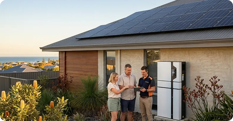 Western Australian coastal home with rooftop solar panels and a home battery system, as a WA solar installer explains solar and battery benefits to homeowners in a modern suburban setting.