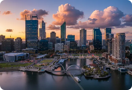 Perth city skyline at sunset with Elizabeth Quay waterfront, Western Australia