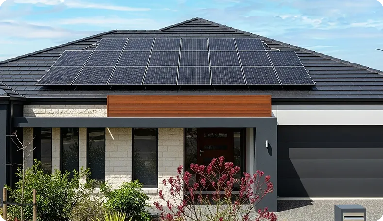 Solar panels on a modern home’s roof, surrounded by a garden